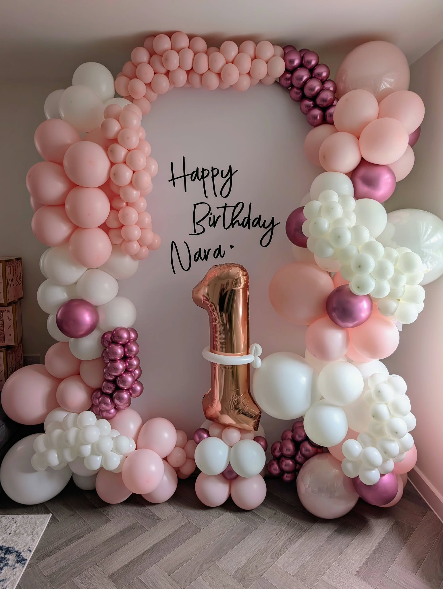 Air & Glow pink, white and rose gold first birthday backdrop